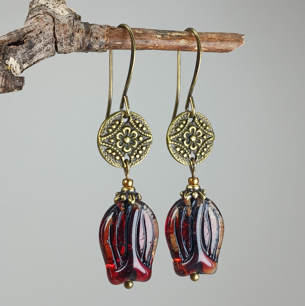 HAND CRAFTED Red Artisan Glass Flower Rustic Brass Dangle Earrings - Picture 4 of 6